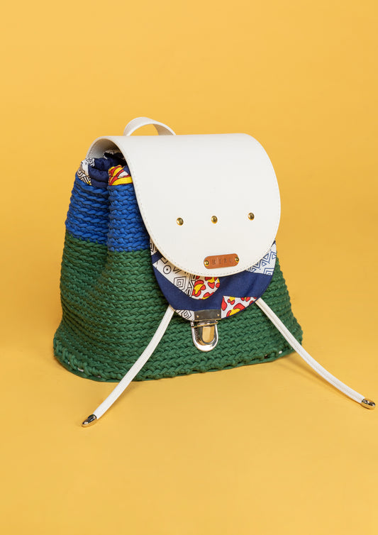 crocheted, blue, green and white bag, with an African style print
